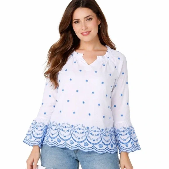 Belle by Kim Gravel Peasant Blouse Medium White Blue Floral Embroidered Boho - Picture 1 of 8